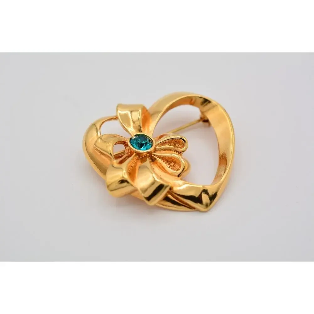 Avon Vintage Heart Pin Brooch Teal Rhinestone Crystal Bow Gold Signed 80s BinAT